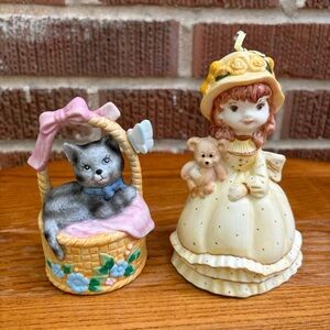 Vintage Collectible ceramic bells Cat in basket & Victorian girl Set of 2
